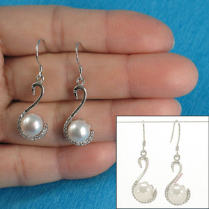Sterling Silver White Pearl Swan Design 34 CZ Earrings