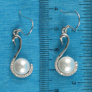 Sterling Silver White Pearl Swan Design 34 CZ Earrings