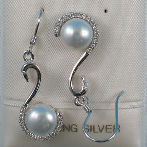 Sterling Silver White Pearl Swan Design 34 CZ Earrings