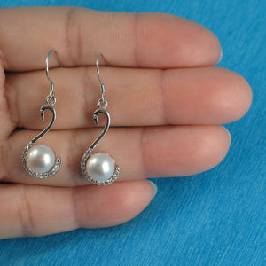 Sterling Silver White Pearl Swan Design 34 CZ Earrings