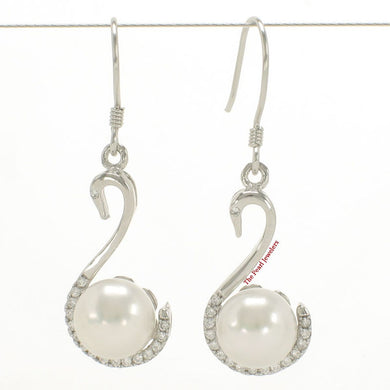 Sterling Silver White Pearl Swan Design 34 CZ Earrings