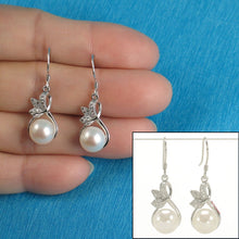 Load image into Gallery viewer, Sterling Silver White Pearl 24 CZ Hook Earrings