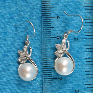 Sterling Silver White Pearl 24 CZ Hook Earrings