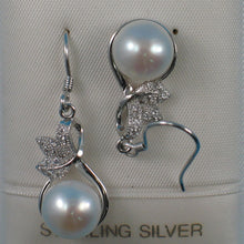 Load image into Gallery viewer, Sterling Silver White Pearl 24 CZ Hook Earrings