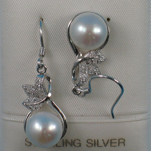 Sterling Silver White Pearl 24 CZ Hook Earrings