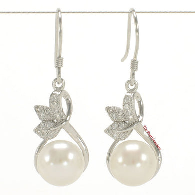 Sterling Silver White Pearl 24 CZ Hook Earrings