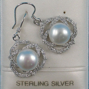 Sterling Silver AAA White Pearl CZ Hook Earrings (72 CZ)