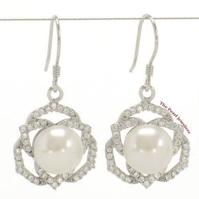 Sterling Silver AAA White Pearl CZ Hook Earrings (72 CZ)