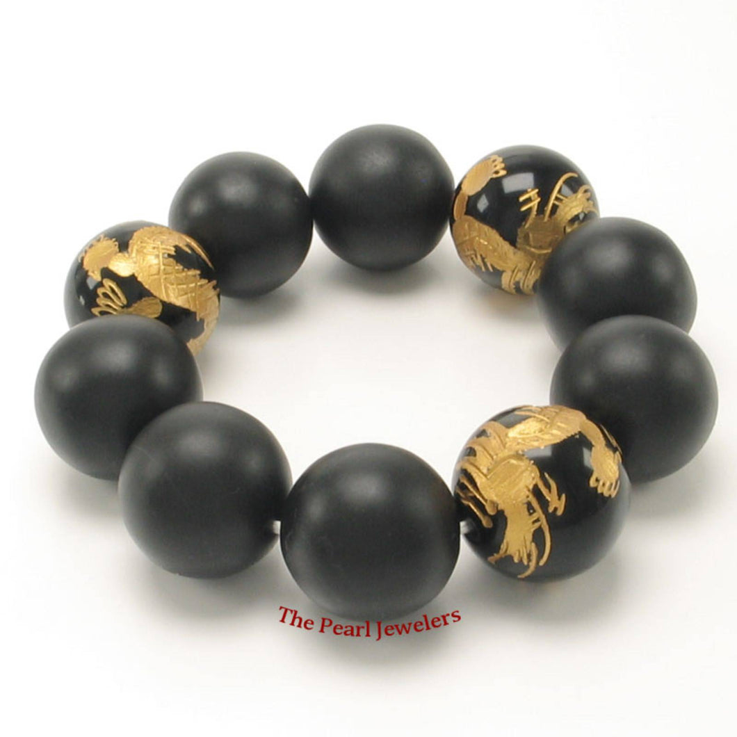18mm Bian Stone Black Onyx Dragon Beads Bracelet