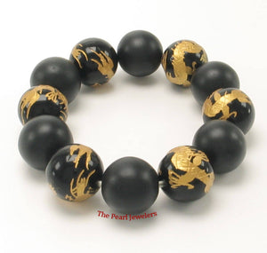 14mm Bian Stone Black Onyx Dragon Beads Bracelet