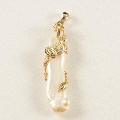 Biwa Pearl Dragon Pendant – 14k Yellow Gold + Diamond (Pink Tint)