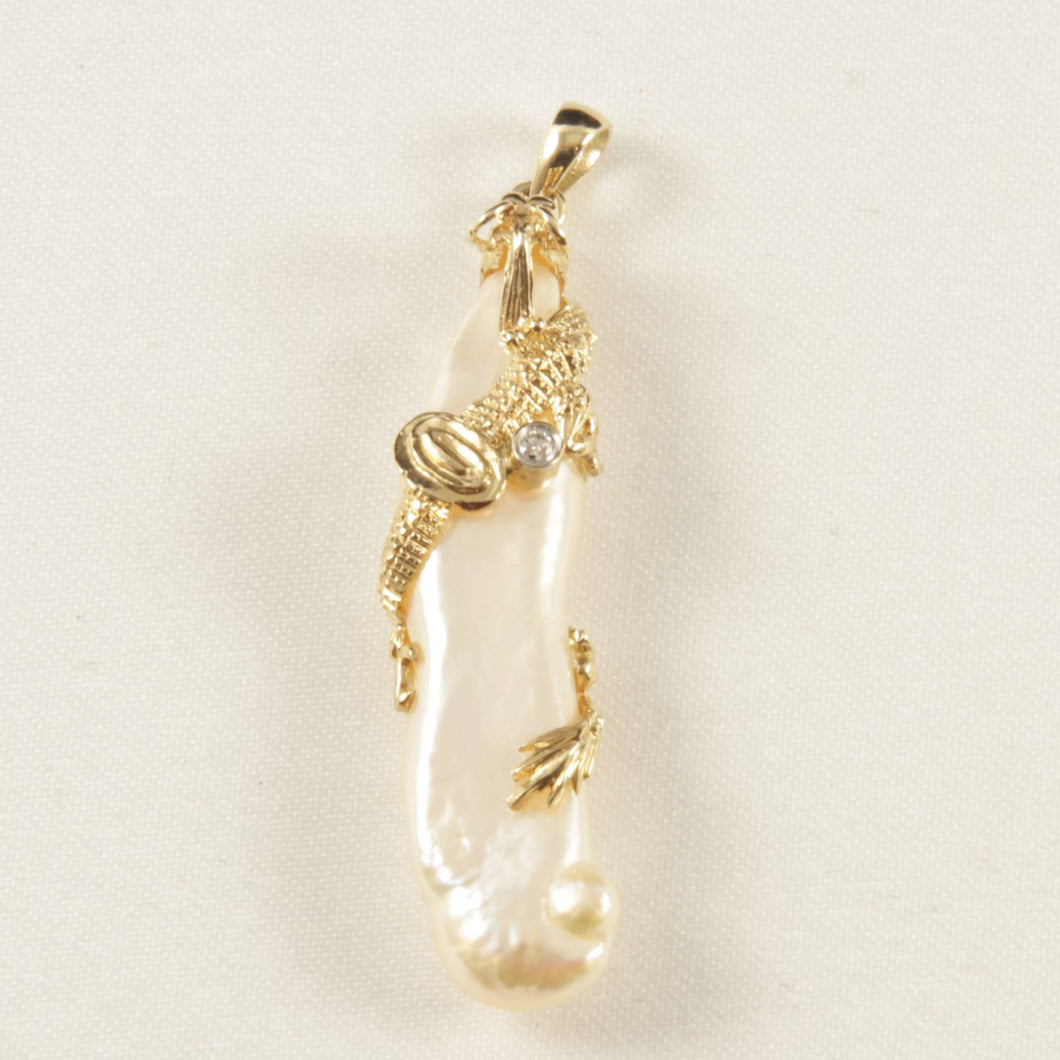 Biwa Pearl Dragon Pendant – 14k Yellow Gold + Diamond (Pink Tint)