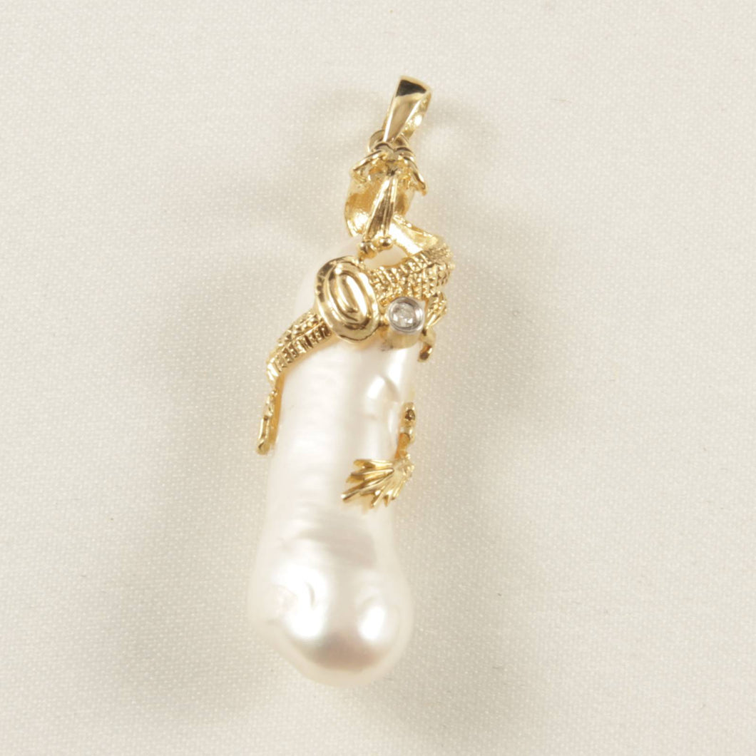 Biwa Pearl Dragon Pendant – 14k Yellow Gold + Diamond