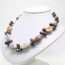 Load image into Gallery viewer, Black Baroque Pearl &amp; Agate Necklace – .925 Silver Clasp