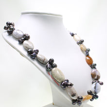 Load image into Gallery viewer, Black Baroque Pearl &amp; Agate Necklace – .925 Silver Clasp