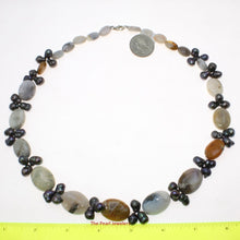Load image into Gallery viewer, Black Baroque Pearl &amp; Agate Necklace – .925 Silver Clasp