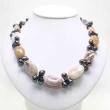 Load image into Gallery viewer, Black Baroque Pearl &amp; Agate Necklace – .925 Silver Clasp