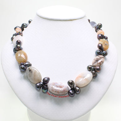 Black Baroque Pearl & Agate Necklace – .925 Silver Clasp