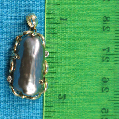 Black Biwa Pearl Pendant – 14k Yellow Gold Wrap with Diamonds
