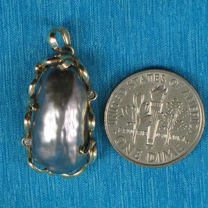 Black Biwa Pearl Pendant – 14k Yellow Gold Wrap with Diamonds