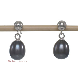 Raindrop Black-Blue Pearl Dangle Earrings – 14k White Gold Studs