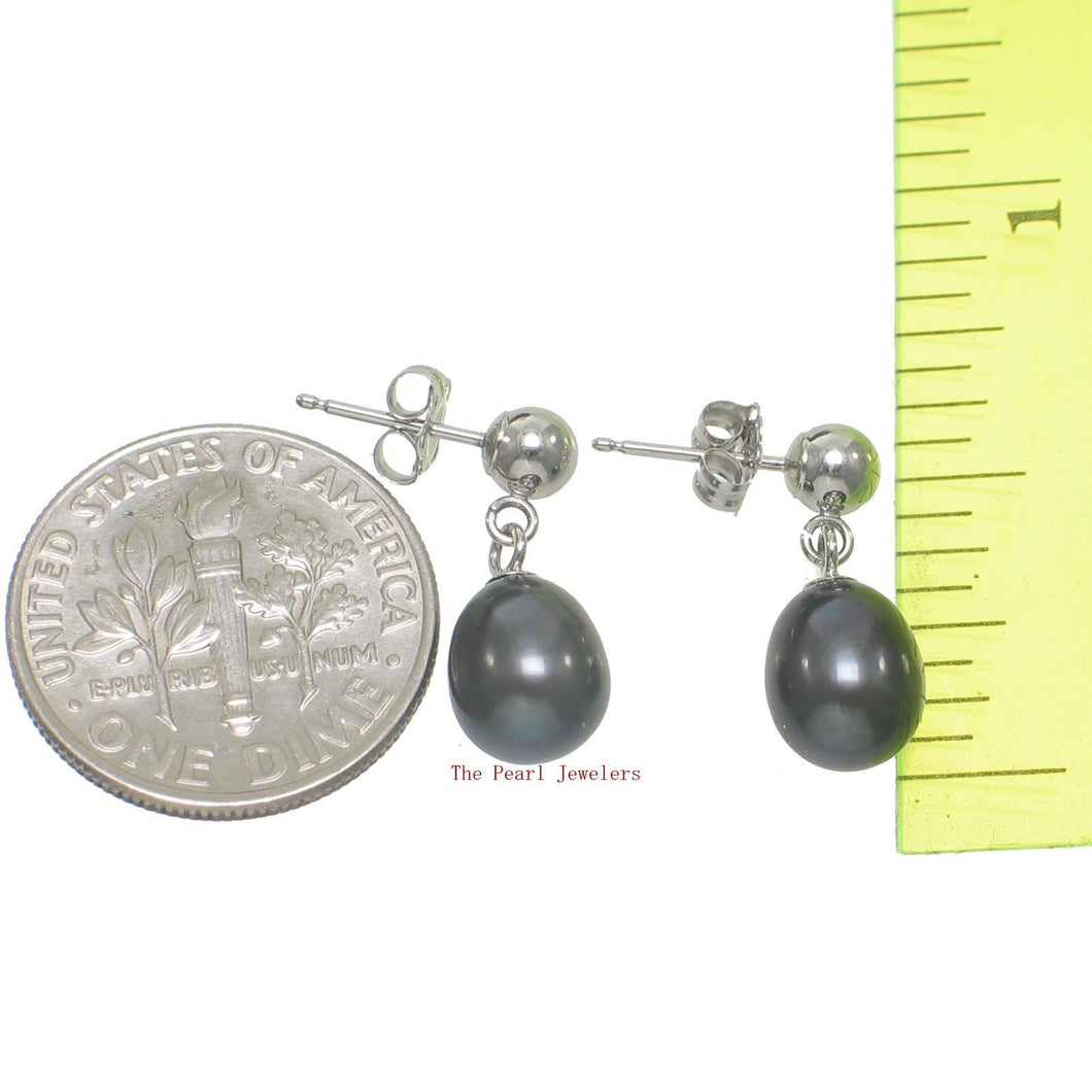 Raindrop Black-Blue Pearl Dangle Earrings – 14k White Gold Studs
