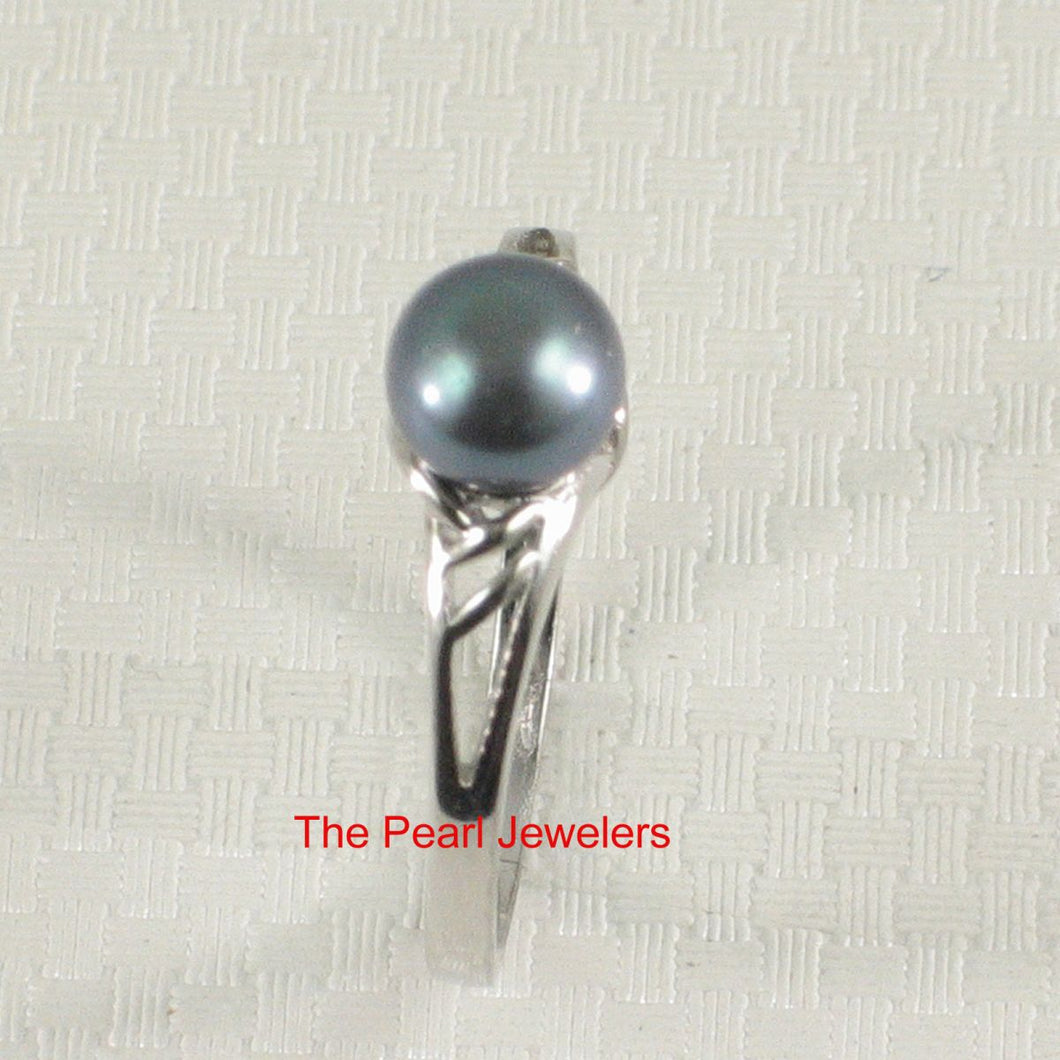 Solid .925 Sterling Silver Rhodium-Finish Black-Blue Cultured Pearl Solitaire Ring
