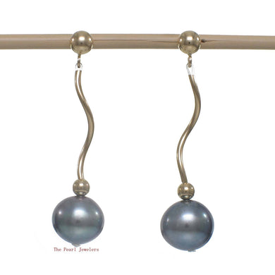 14K Yellow Gold Spiral Tube Black Pearl Stud Dangle Earrings (7.5–8mm)