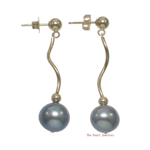 14K Yellow Gold Spiral Tube Black Pearl Stud Dangle Earrings (7.5–8mm)