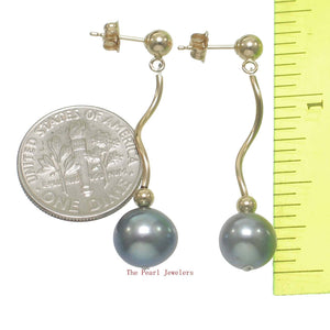 14K Yellow Gold Spiral Tube Black Pearl Stud Dangle Earrings (7.5–8mm)