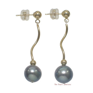 14K Yellow Gold Spiral Tube Black Pearl Stud Dangle Earrings (7.5–8mm)