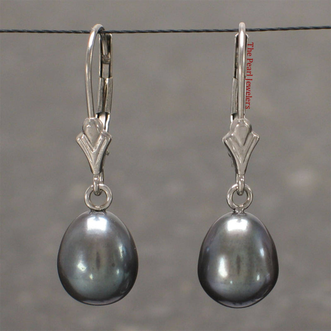 Black Cultured Pearl Dangle Earrings - 14k White Gold Leverback