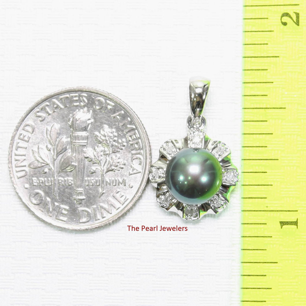 Black Cultured Pearl Pendant – 14k White Gold with Diamond Halo