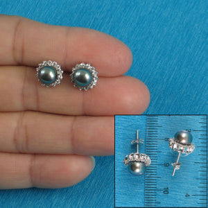 Sterling Silver Black Pearl & CZ Stud Earrings – Traditional Round