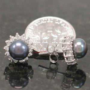 Sterling Silver Black Pearl & CZ Stud Earrings – Traditional Round
