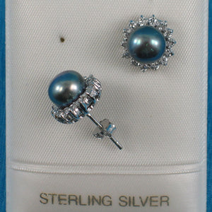 Sterling Silver Black Pearl & CZ Stud Earrings – Traditional Round