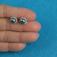 Load image into Gallery viewer, Sterling Silver Black Pearl &amp; CZ Stud Earrings – Traditional Round