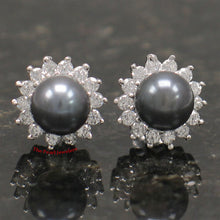 Load image into Gallery viewer, Sterling Silver Black Pearl &amp; CZ Stud Earrings – Traditional Round