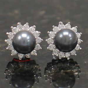 Sterling Silver Black Pearl & CZ Stud Earrings – Traditional Round