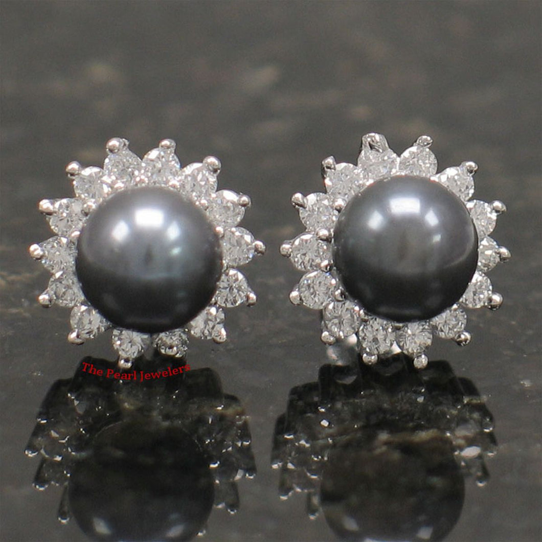 Sterling Silver Black Pearl & CZ Stud Earrings – Traditional Round