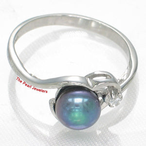 Solid Sterling Silver .925 Black-Gray Cultured Pearl & Cubic Zirconia Accent Ring