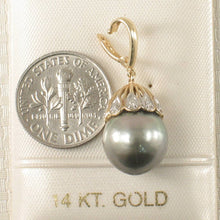 Load image into Gallery viewer, Black Gray Tahitian Pearl &amp; 14k Yellow Gold Flowery-Cap Bale with 6 Diamonds Pendant