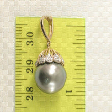 Load image into Gallery viewer, Black Gray Tahitian Pearl &amp; 14k Yellow Gold Flowery-Cap Bale with 6 Diamonds Pendant
