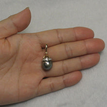 Load image into Gallery viewer, Black Gray Tahitian Pearl &amp; 14k Yellow Gold Flowery-Cap Bale with 6 Diamonds Pendant