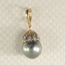 Load image into Gallery viewer, Black Gray Tahitian Pearl &amp; 14k Yellow Gold Flowery-Cap Bale with 6 Diamonds Pendant