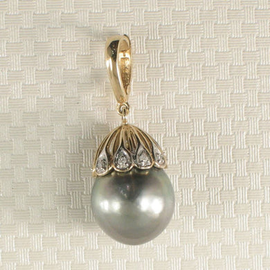 Black Gray Tahitian Pearl & 14k Yellow Gold Flowery-Cap Bale with 6 Diamonds Pendant