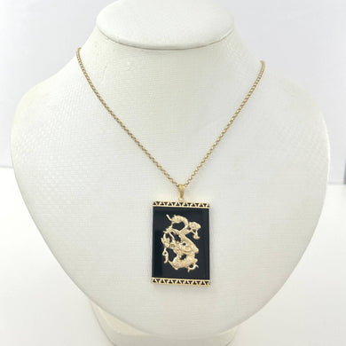 Black Onyx 14k Solid Yellow Gold Hand Crafted Dragon Pendant Necklace