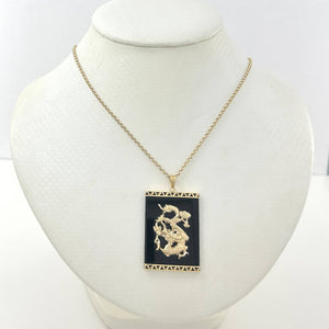 Black Onyx 14k Solid Yellow Gold Hand Crafted Dragon Pendant Necklace