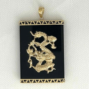 Black Onyx 14k Solid Yellow Gold Hand Crafted Dragon Pendant Necklace