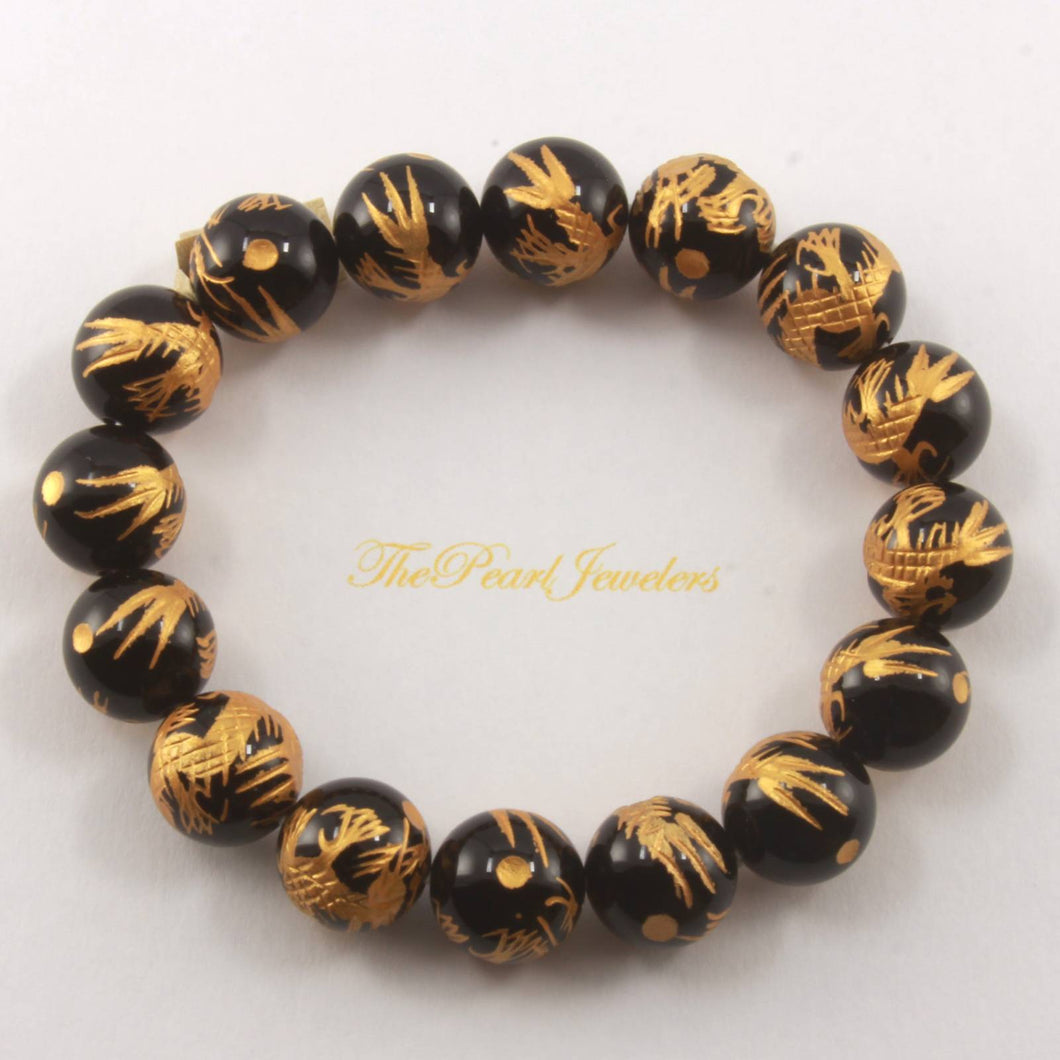 12mm Black Onyx Engraving Golden Dragon Beads Bracelet